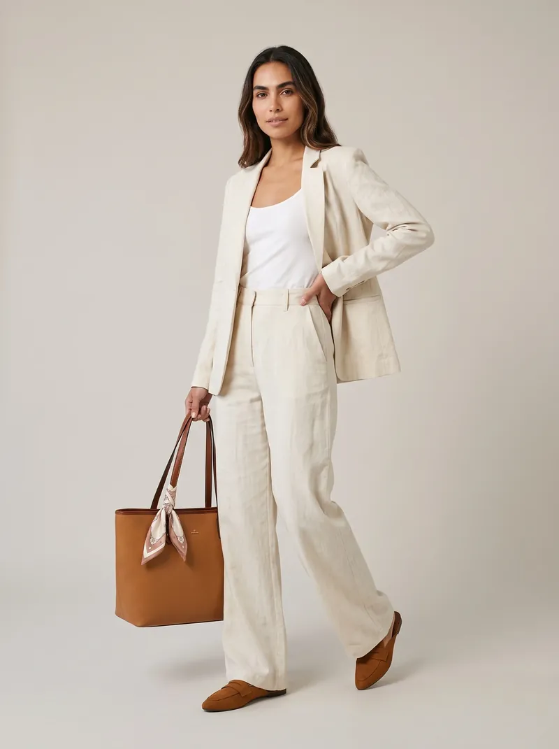 Mulher de cabelo castanho longo com blazer de linho cru aberto, regata branca, calça wide leg off-white, mule caramelo e bolsa tote caramelo com lenço, em estúdio claro