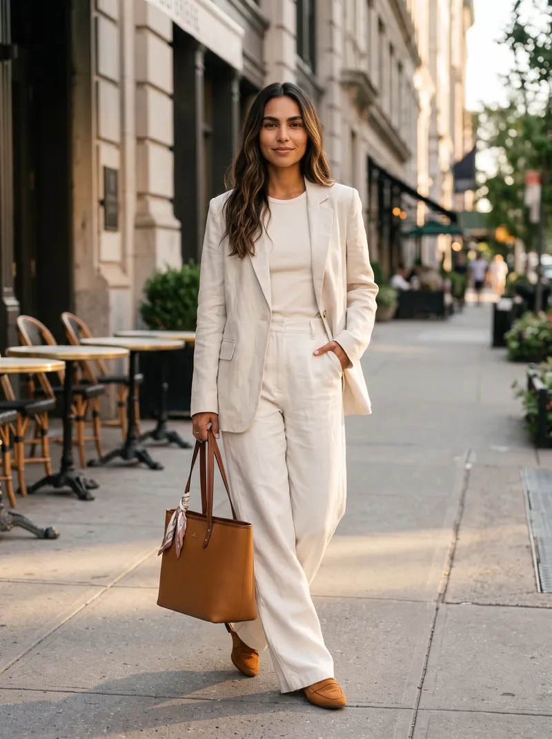 Mulher caminhando numa calçada ao fim da tarde com blazer de linho cru aberto, camiseta e calça wide leg off-white, mule caramelo e bolsa tote caramelo com lenço na alça