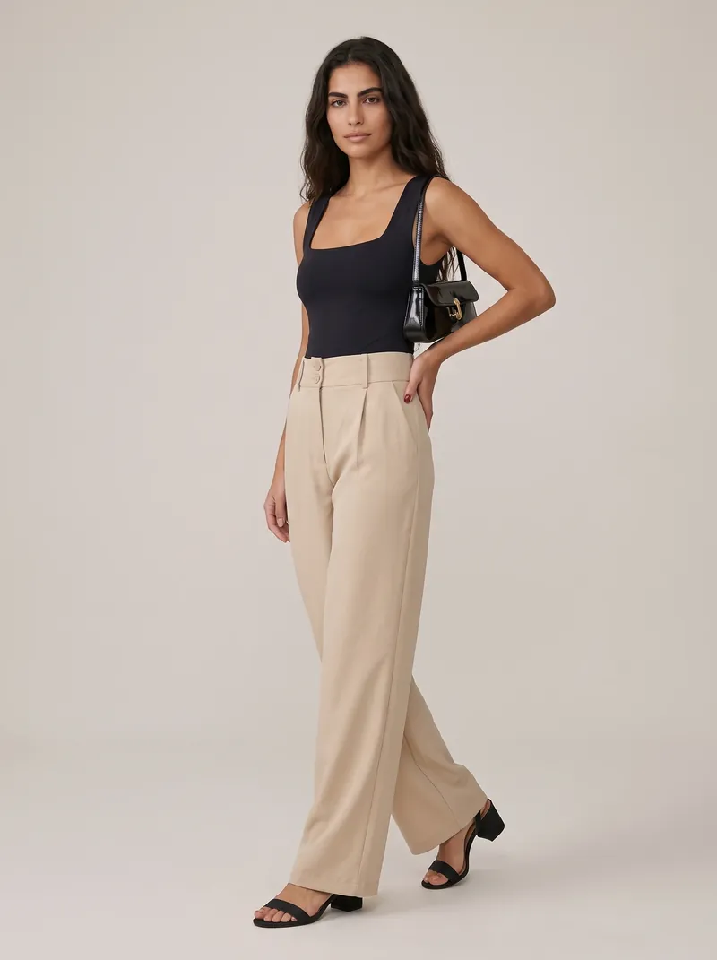 Mulher de cabelo escuro ondulado com body preto de alça larga e decote quadrado, calça wide leg bege com pregas, sandália preta de salto bloco e bolsa de verniz preta, em estúdio claro