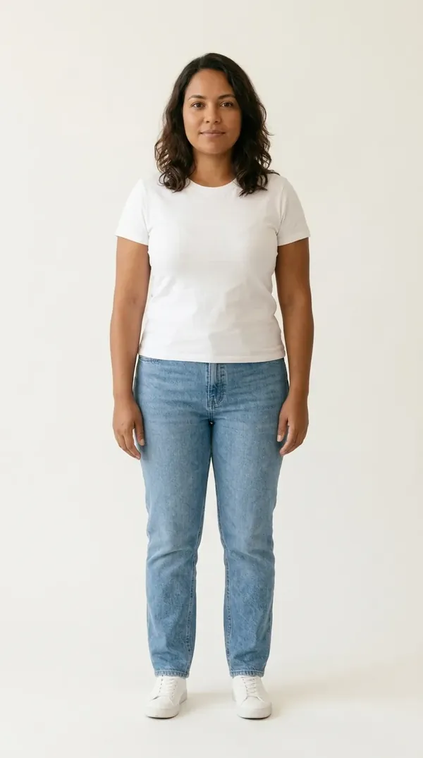 Marina, modelo virtual da Veste Moda, em foto de estúdio
