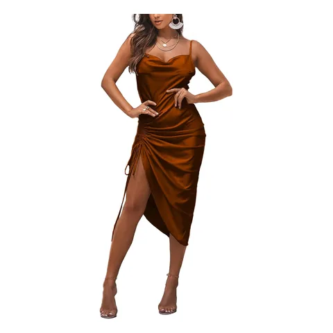 Vestido midi de cetim com decote drapeado
