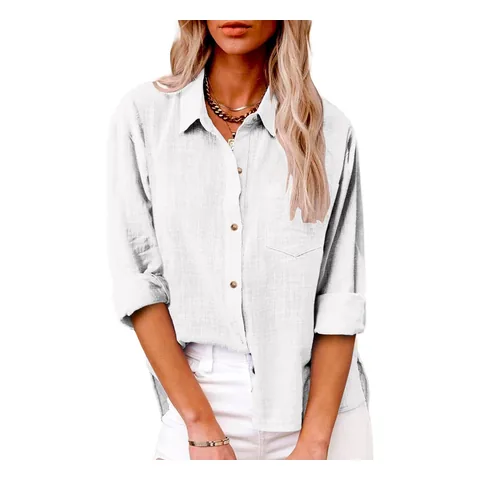 Blusa de linho de manga longa, gola V