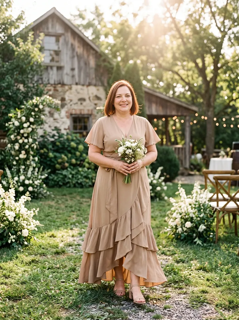 Mulher plus size sorridente com vestido longo envelope bege e buquê de flores brancas num casamento de dia no campo, diante de uma casa de madeira