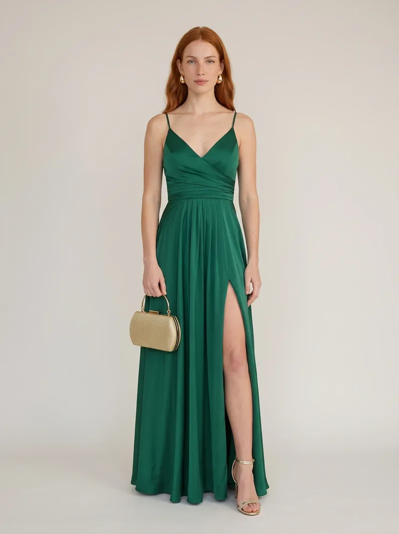 Mulher ruiva com vestido longo de cetim verde-esmeralda com decote V transpassado e fenda, brincos gota dourados, clutch dourada e sandália dourada, em estúdio claro