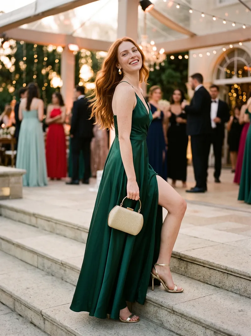 Mulher ruiva sorrindo nas escadas de uma festa de formatura à noite, com vestido longo de cetim verde-esmeralda com fenda, brinco gota, sandália e clutch dourados
